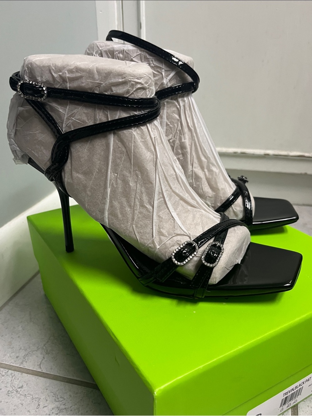 Sam Edelman Black Patent Strappy Stiletto Sandals with Rhinestone Buckles